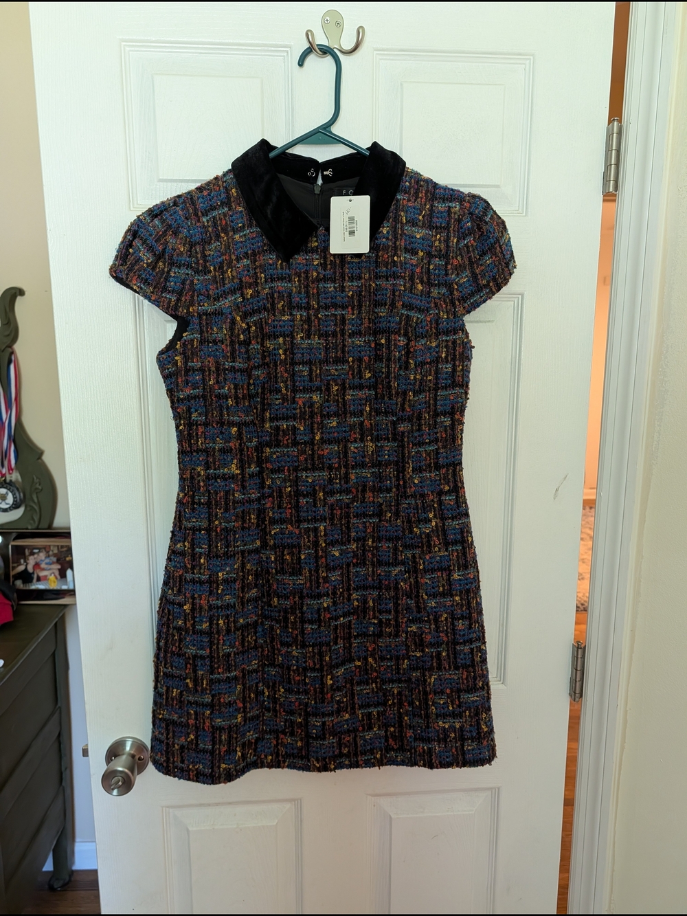 Tweed Mini Dress with Black Velvet Collar — Multicolor